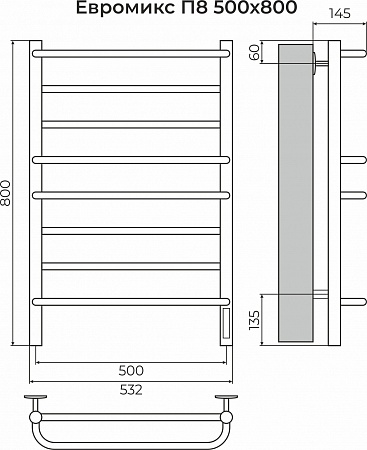 Евромикс П8 500х800 электро КС ЧЕРНЫЙ МУАР Полотенцесушитель TERMINUS Керчь - фото 3